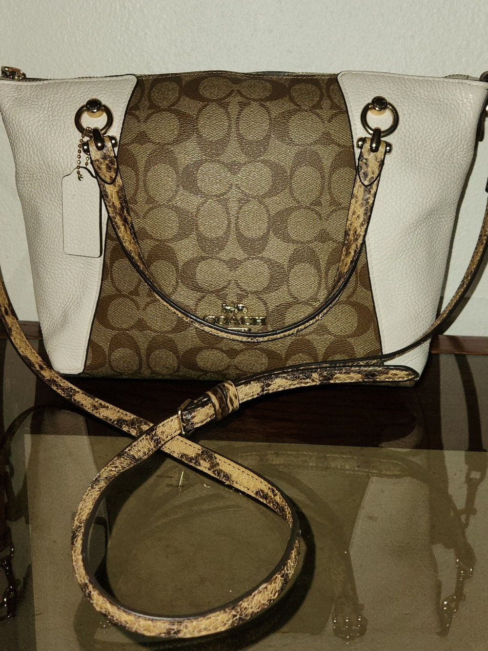 Coach Signature Canvas Tote with White Leather Trim